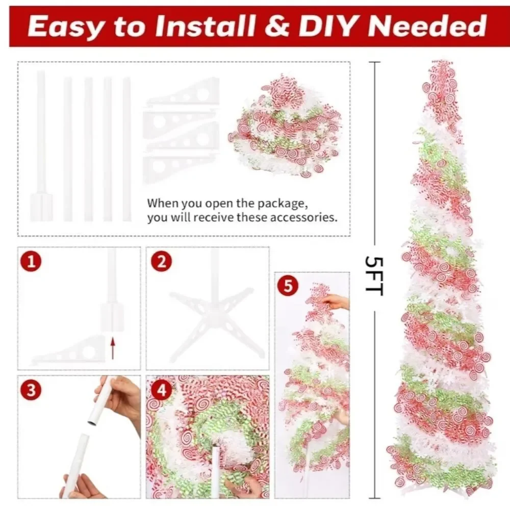 5FT Artificial Pencil Christmas Tree, Red Green White Pop Up Small Christmas Ti